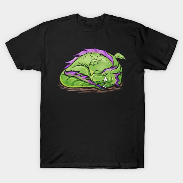 Sleeping Green Dragon Drawing T-Shirt by SinBle